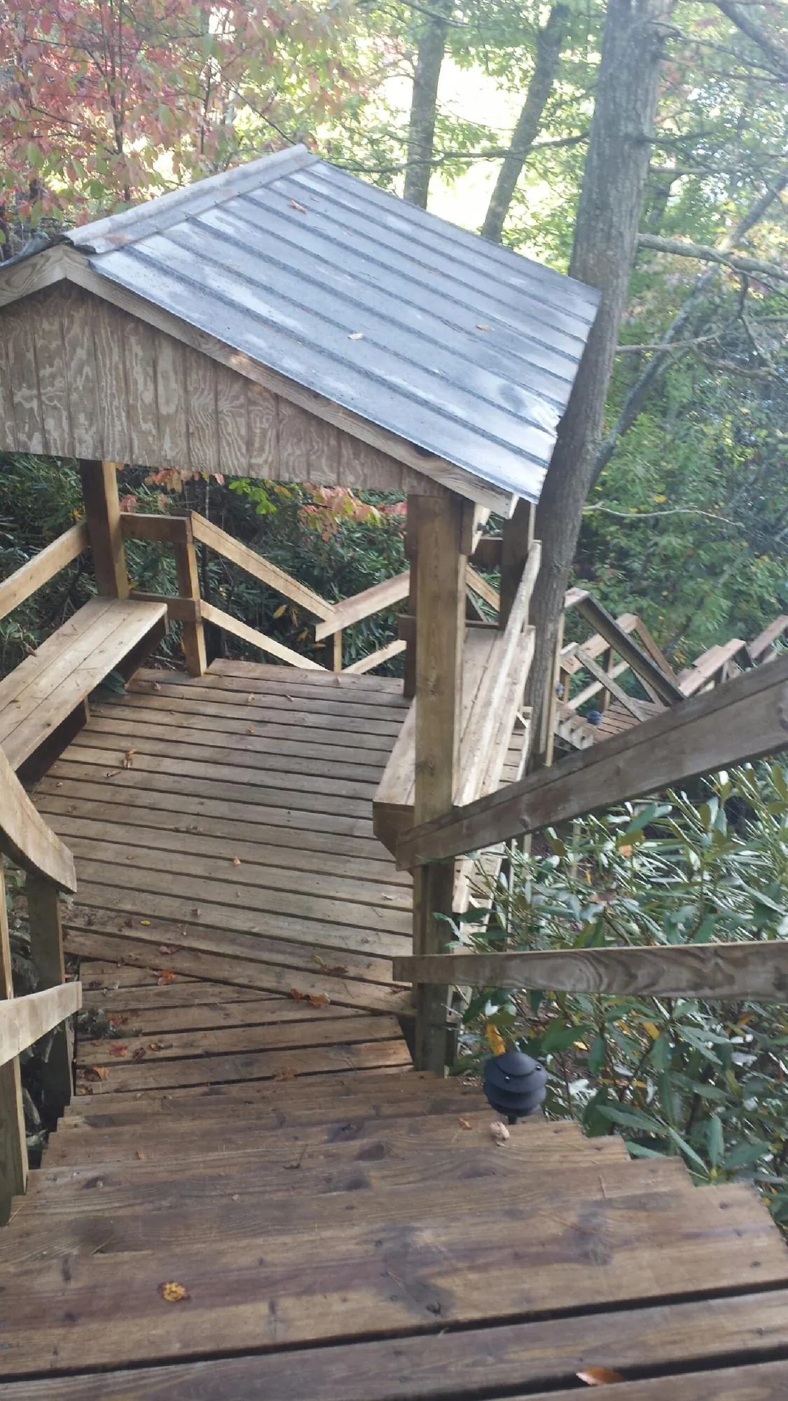 Metal roofed shelter over wooden steps on a wooded walkway — Skylight Repair & Installation work by our crew in Midway City