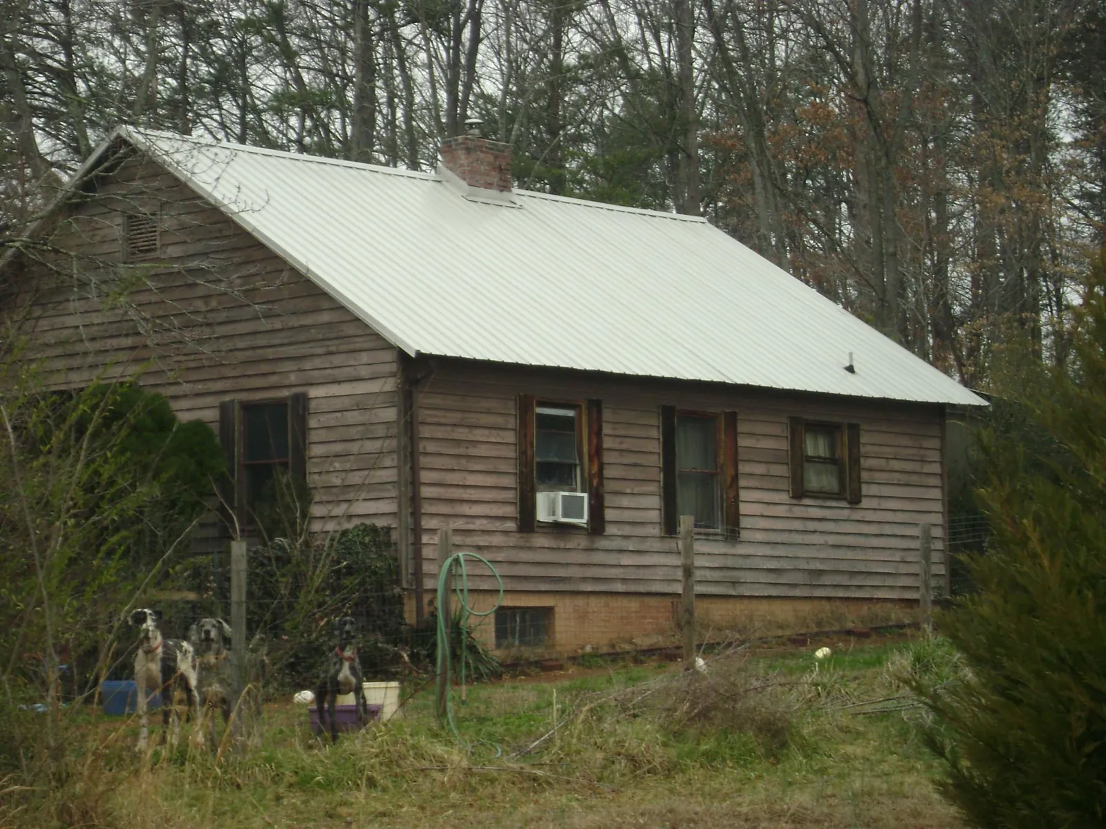 White metal roof on an old wood sided farmhouse, from a Asphalt Shingle Roof Repair job in Midway City